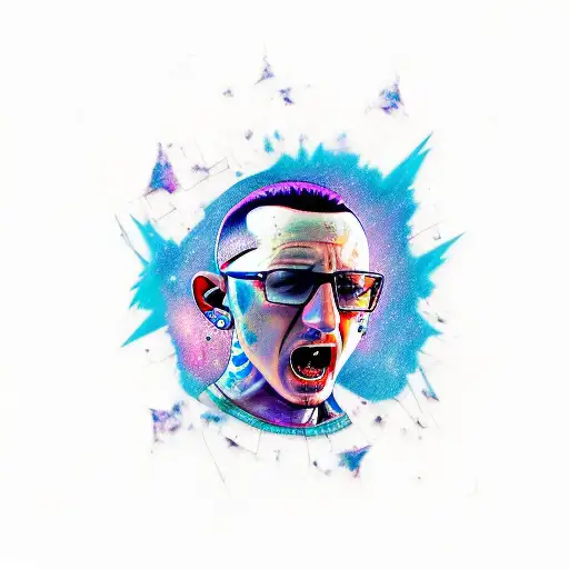 Screaming Chester Bennington in deep space, more blue, knee to ankle circle size tattoo design idea