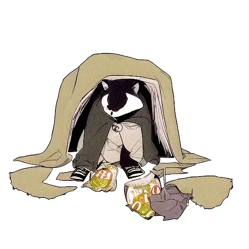 racoon in a hoody holding a bag of chips and pulling a blanket behind him on the floor tattoo design idea