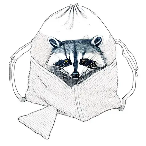racoon in a hoody holding a bag of chips and pulling a blanket behind him on the floor tattoo design idea