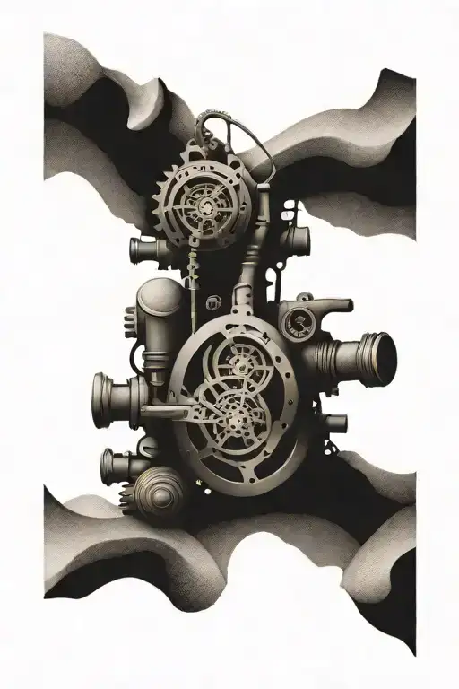 An abstract tattoo of engines intertwined with sand dunes tattoo design idea