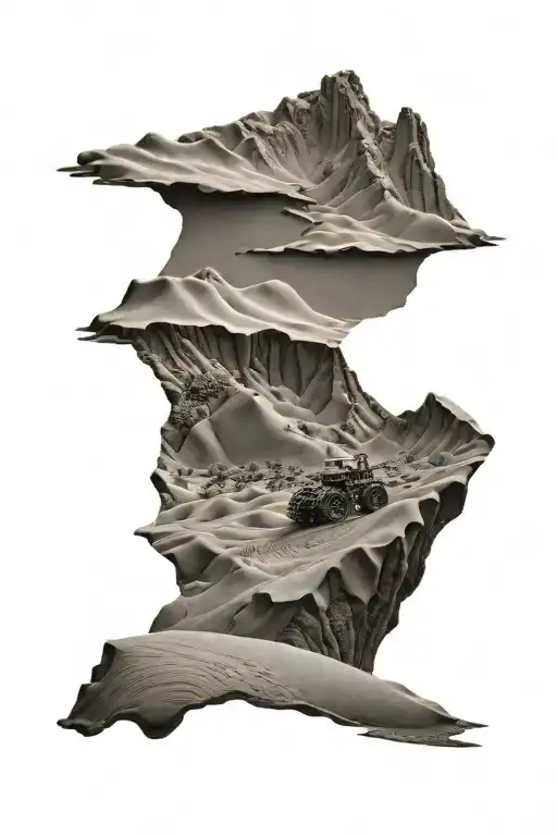 A realistic tattoo of a sand dune landscape with a hidden engine design tattoo design idea