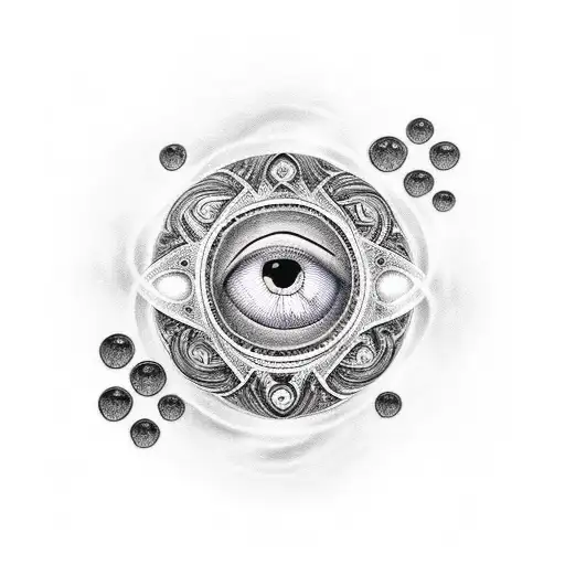 A tattoo depicting ofanins as golden hoops with eyes in dotwork style, symbolizing their role as celestial protectors tattoo design idea