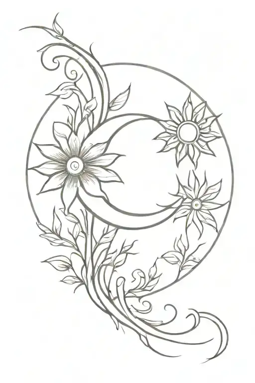 spine tattoo, sun, moon, flower growing tattoo design idea