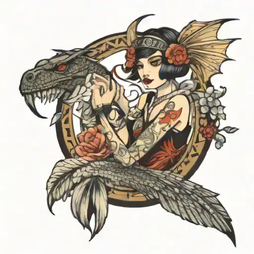 flapper girl with a dragon  tattoo design idea