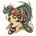 flapper girl with a dragon  tattoo design idea