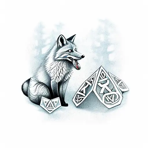 red fox eating viking runes tattoo design idea
