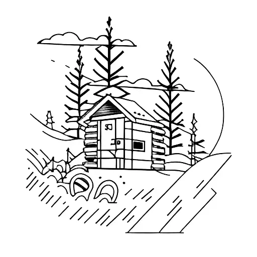 A minimalist tattoo of a summer camp cabin with a sports field in the background tattoo design idea