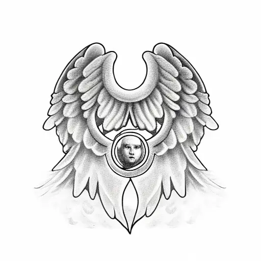 angels with a staff, wings white anda black tattoo design idea