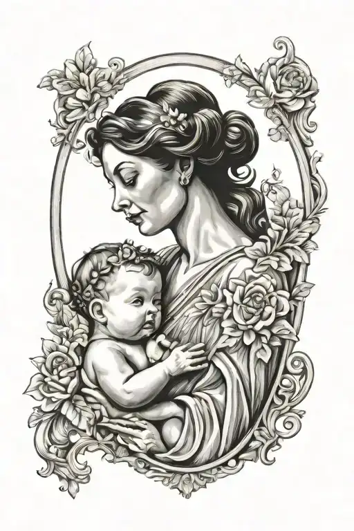 vintage mirror mother and baby  tattoo design idea