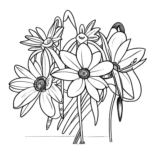 bouquet of flowers snowdrop, daisy and daffodil very simple fine line  tattoo design idea