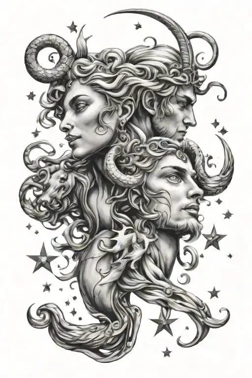 Virgo woman and aries man zodiac sign intertwined with stars tattoo design idea