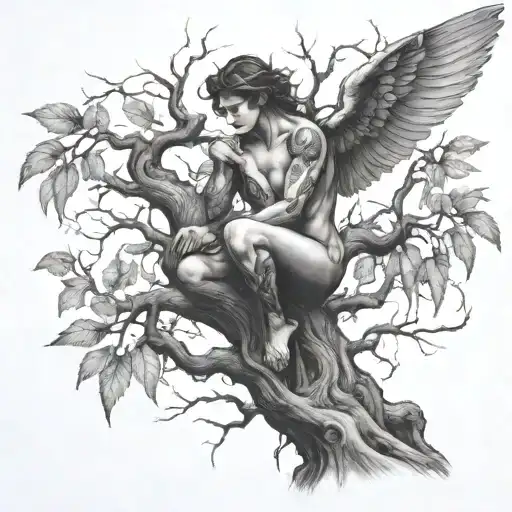 fallen angel in a tree intertwined tattoo design idea