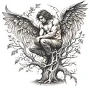 fallen angel in a tree intertwined tattoo design idea