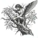 fallen angel in a tree intertwined tattoo design idea