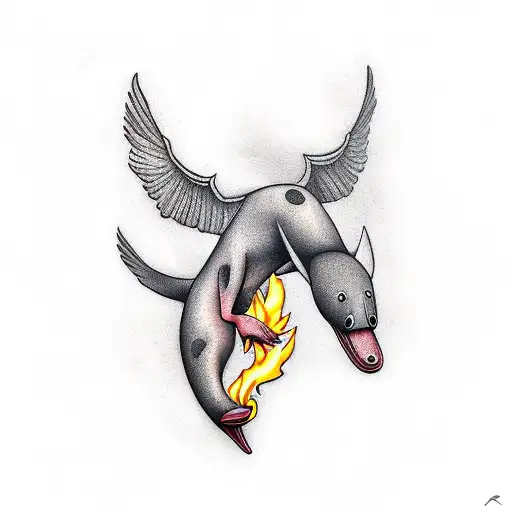 platypus with wings breathing fire tattoo design idea
