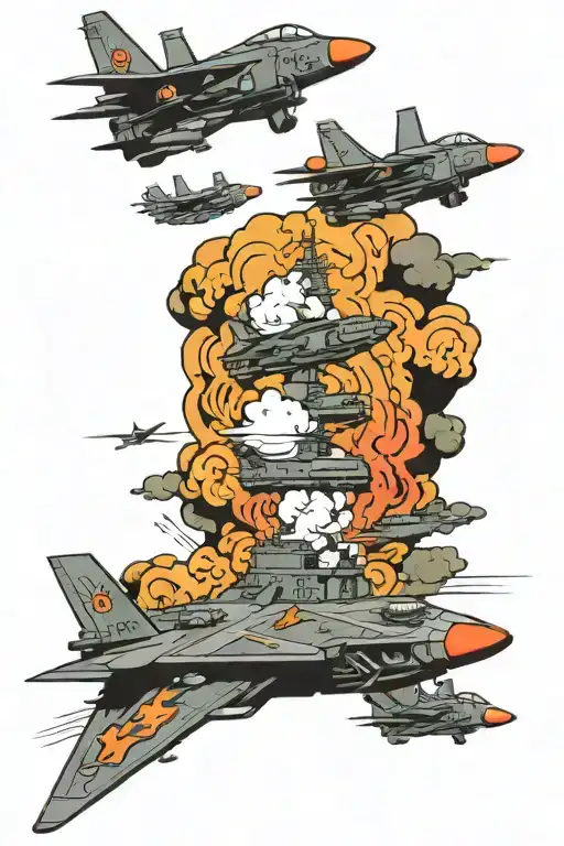 aircraft carrier with jets flying over it tattoo design idea