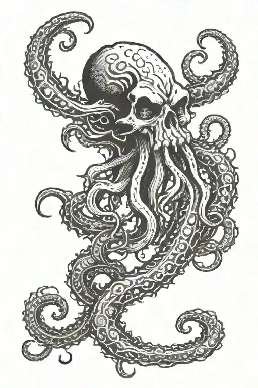 Scary Cthulhu with skull and tentacles teeth claws all black tattoo design idea