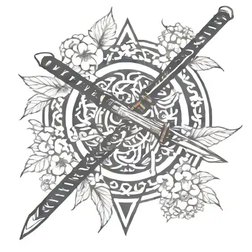 katana with cherry leaves and flowers tattoo design idea