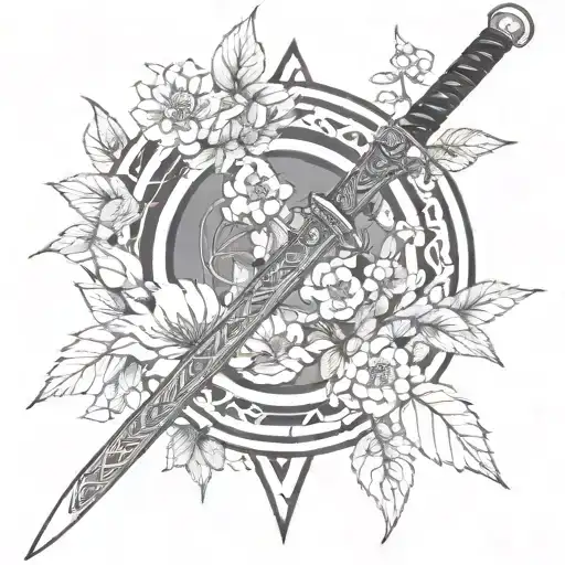 katana with cherry leaves and flowers tattoo design idea