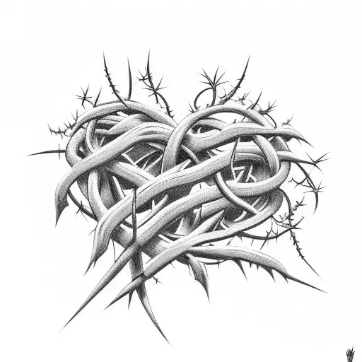 Barbed Wire + Thorny Vines blending into a bleeding heart tattoo design idea