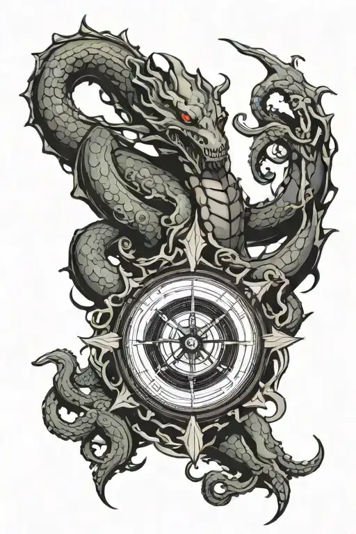 compass dragon samurai octopus tentacles tattoo design idea