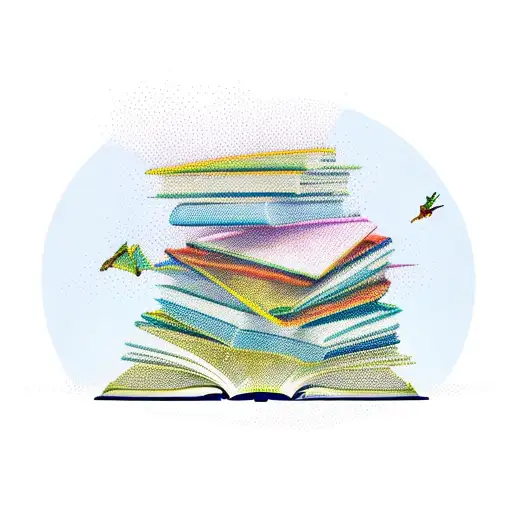 a stack of books with open pages flying upwards and becoming birds  tattoo design idea