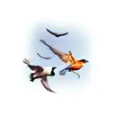 a stack of books with open pages flying upwards and becoming birds  tattoo design idea