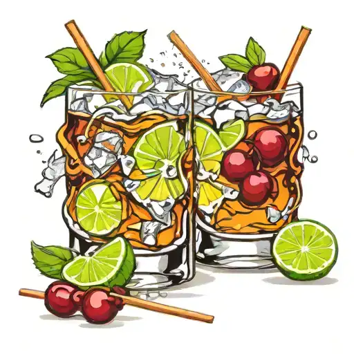 Two cylinder whiskey glasses cheering one with a lime and the other with a cherry with a toothpick through it and ice in tattoo design idea