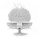 A tree growing from an open book with roots spelling 'amor' tattoo design idea