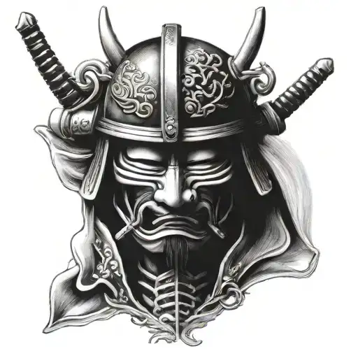 Samurai mask split in half tattoo design idea