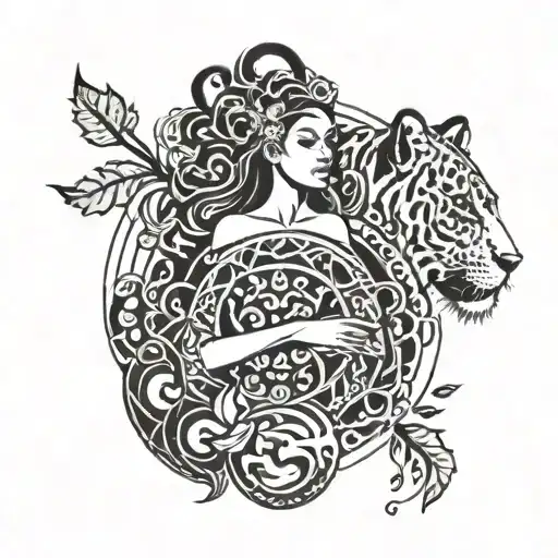 gaia holding Earth with nature and lioness and melody and air tattoo design idea