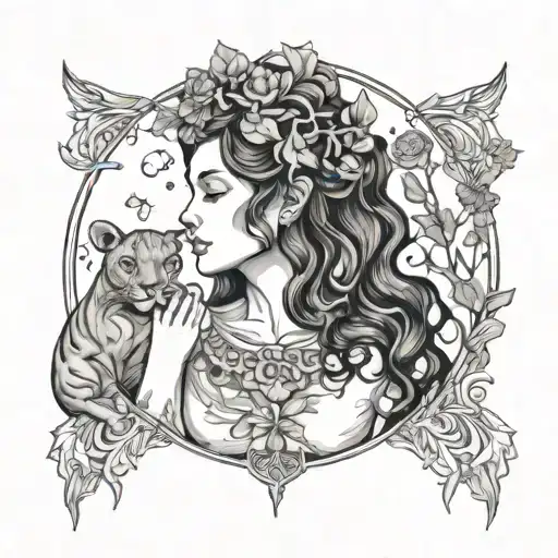 gaia holding Earth with nature and lioness and melody and air tattoo design idea