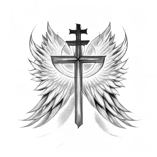 Christian Cross, angel wings, sun light, heaven tattoo design idea