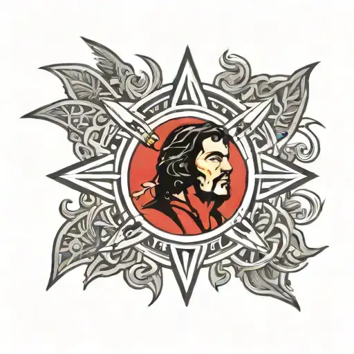 draw a tattoo drawing for Che Guevara with tribal that can be done on shoulder and extend to arm as a short sleeve     tattoo design idea