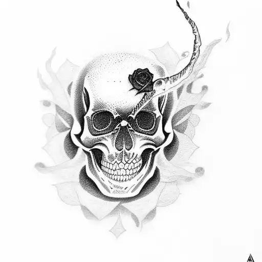 A dotwork tattoo featuring a flaming skull and a rose tattoo design idea