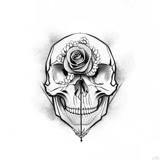 A skull with half of its face composed of intricate rose petals tattoo design idea