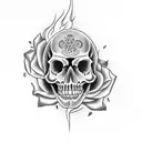 A dotwork tattoo featuring a flaming skull and a rose tattoo design idea