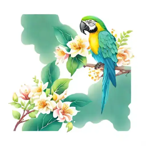 parrots in paradise flowers tattoo design idea