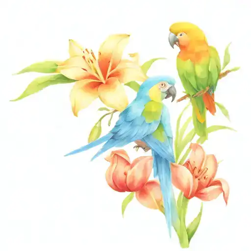 parrots with lilies tulips and sunflowers tattoo design idea