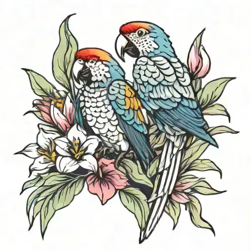 parrots with lilies tulips and sunflowers tattoo design idea