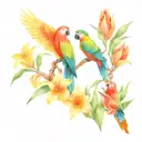 parrots with lilies tulips and sunflowers tattoo design idea