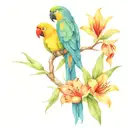 parrots with lilies tulips and sunflowers tattoo design idea
