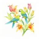 parrots with lilies tulips and sunflowers tattoo design idea