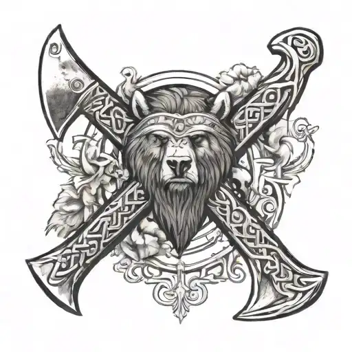 Two Viking axes with Viking motifs crossed and embedded in stone, held by a grizzly bear with a scarred face and paws cl tattoo design idea