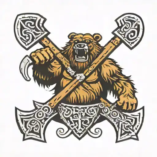 Two Viking axes with Viking motifs crossed and embedded in stone, held by a grizzly bear with a scarred face and paws cl tattoo design idea