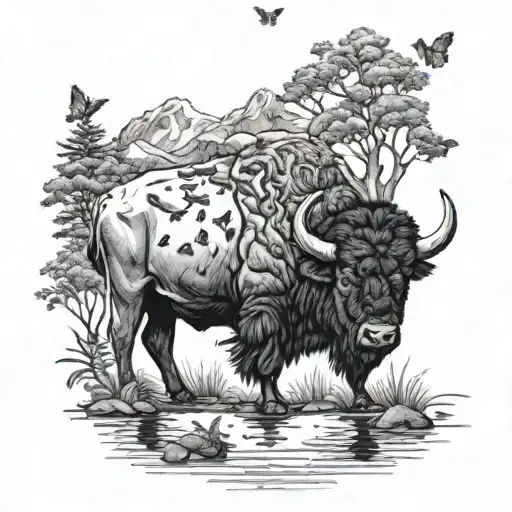 buffalo drinking water from a lake with small butterflies floating around the buffalo and have them all in the forest  tattoo design idea