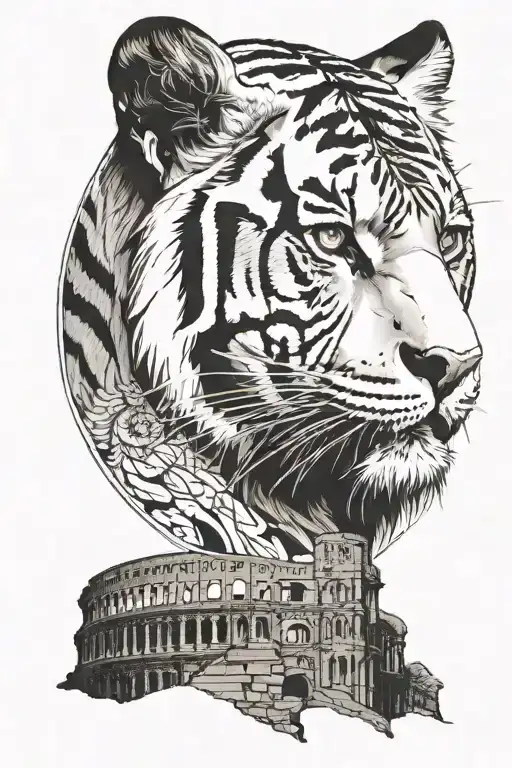 A fierce tiger standing in front of the Colosseum, with Julius Caesar's profile subtly incorporated in the background tattoo design idea