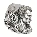 A detailed portrait of Julius Caesar with a tiger wrapped around his arm, set against the backdrop of the Colosseum tattoo design idea