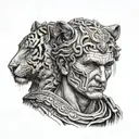 A detailed portrait of Julius Caesar with a tiger wrapped around his arm, set against the backdrop of the Colosseum tattoo design idea
