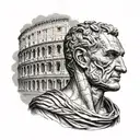 A detailed portrait of Julius Caesar with a tiger wrapped around his arm, set against the backdrop of the Colosseum tattoo design idea